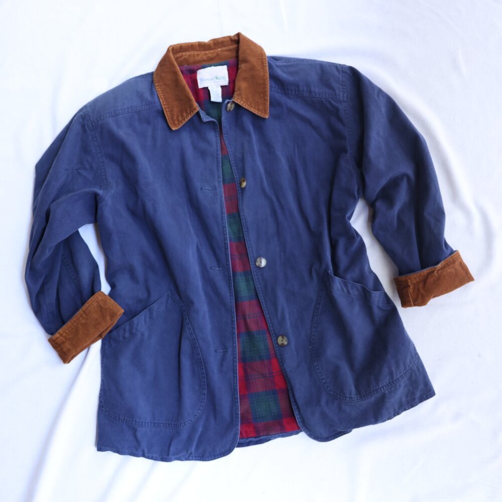 Vintage Boundary Waters Barn Jacket Women’s M Navy Blue Plaid Lined Chore Coat